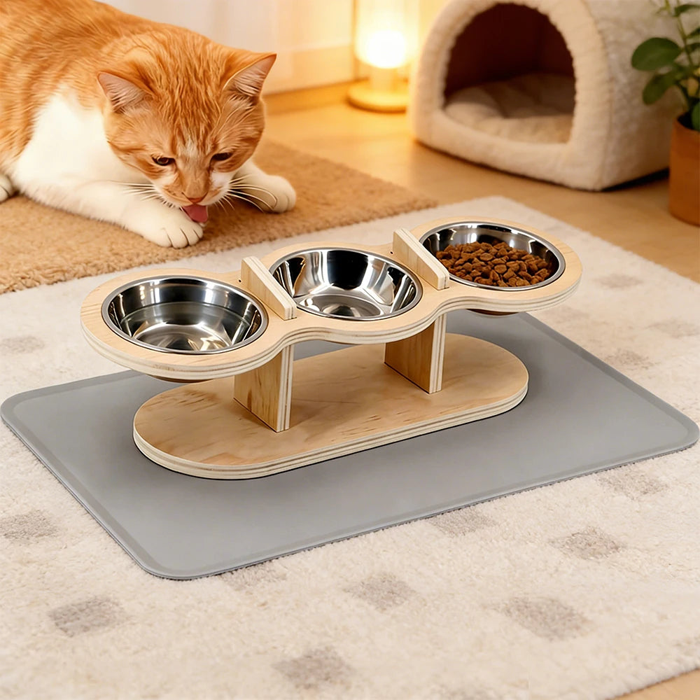 15° Tilted Cat Bowls – Adjustable Raised Feeder with 3 Stainless Steel Bowls for Cats & Small Dogs