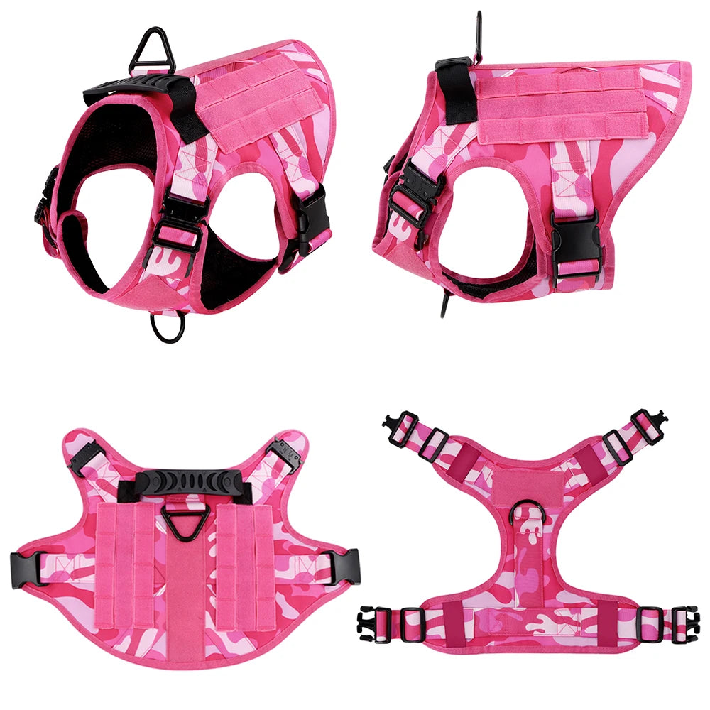 “Pink Camo Tactical Dog Harness – Adjustable Vest for Medium & Large Dogs”