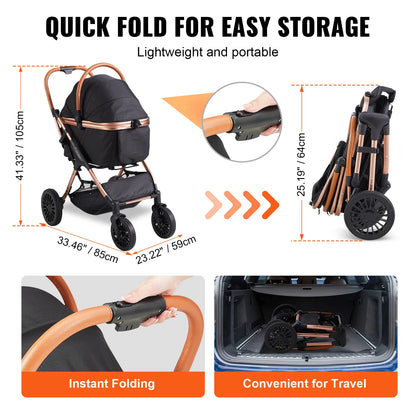Foldable Pet Stroller with Detachable Carrier for Dogs