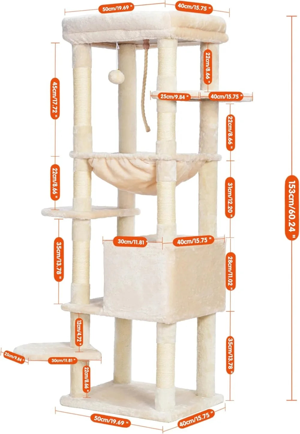 Heybly 60” Heavy-Duty Cat Tree – XXL Multi-Level Tower with Plush Condo for Large Cats