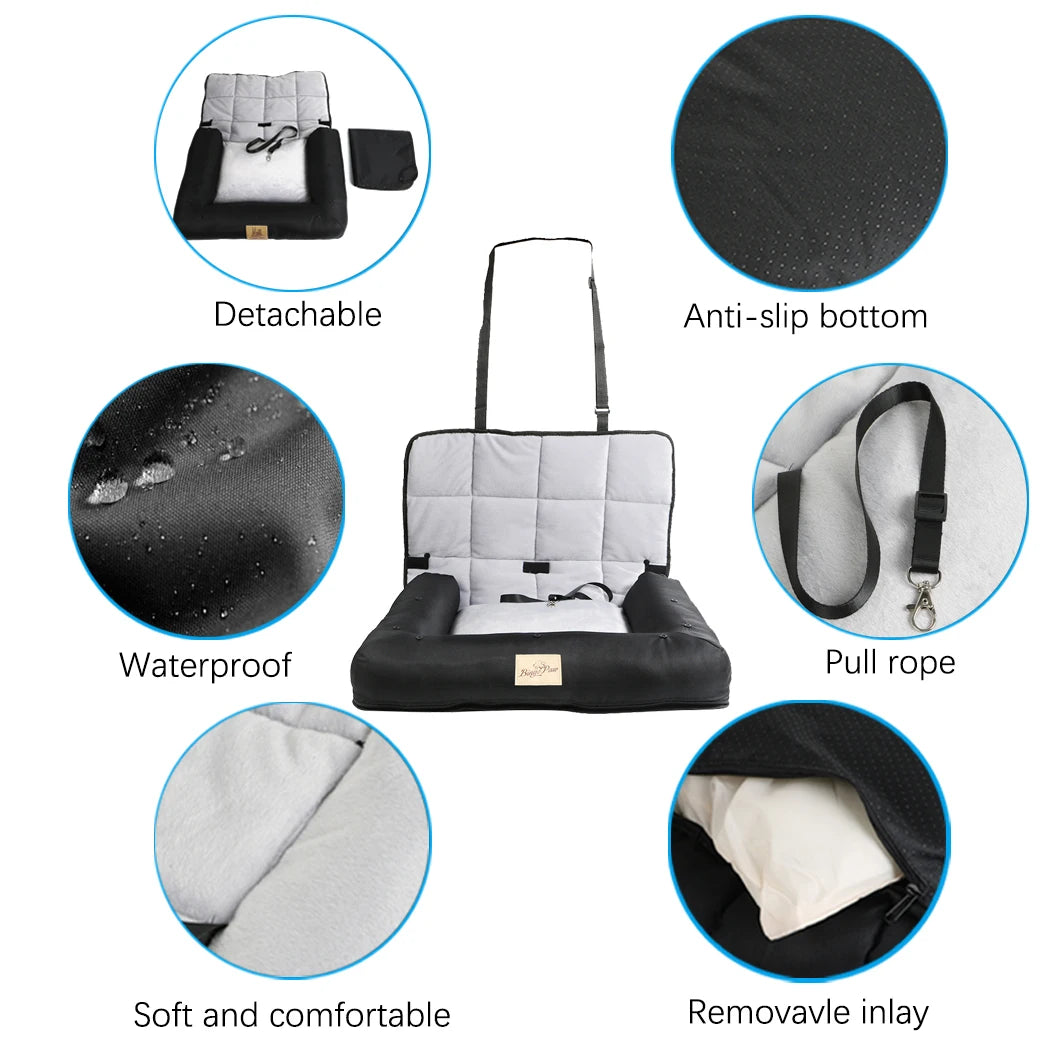 Waterproof Dog Car Seat Bed with Safety Belt & Washable Cushion