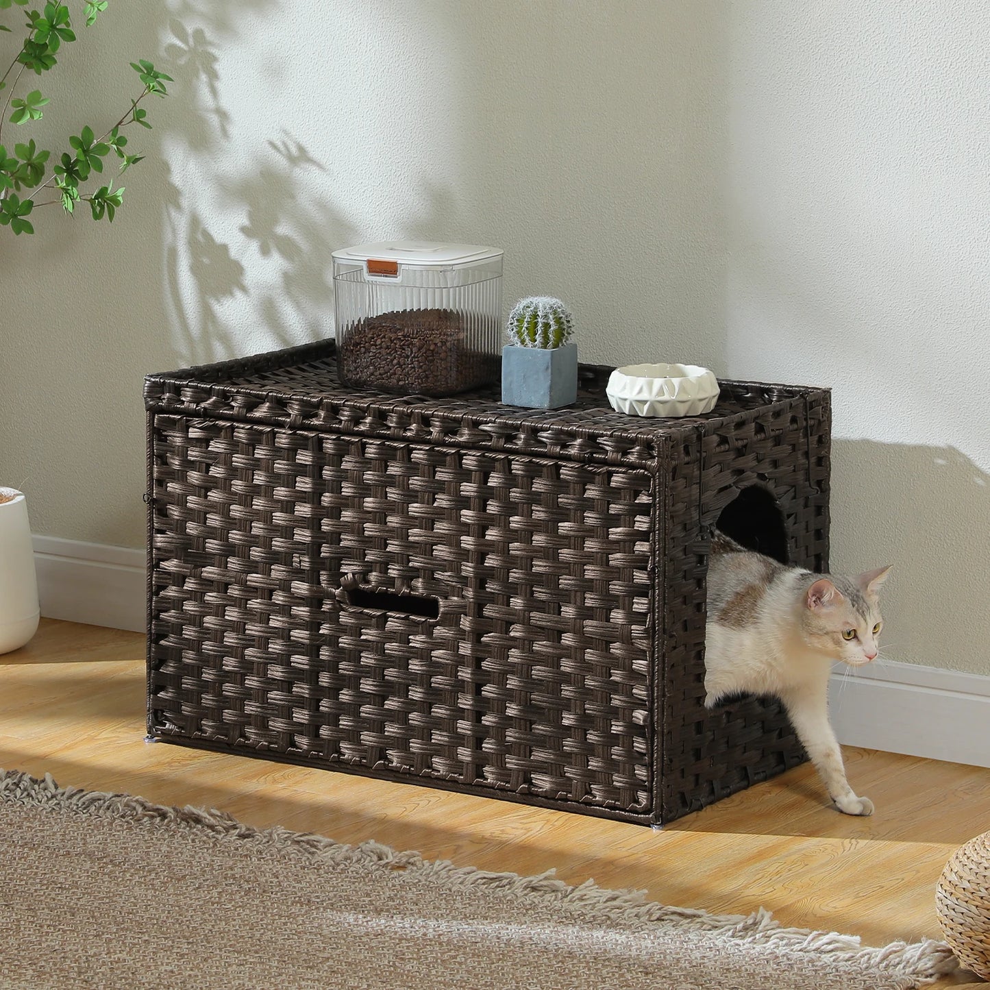 Rattan Cat Litter Box Enclosure – Hidden Cabinet Furniture with Flip-Top & Raised Entry