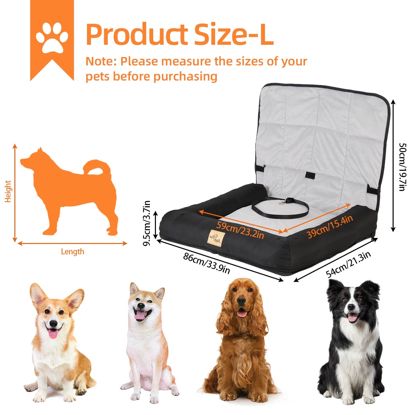 Waterproof Dog Car Seat Bed with Safety Belt & Washable Cushion