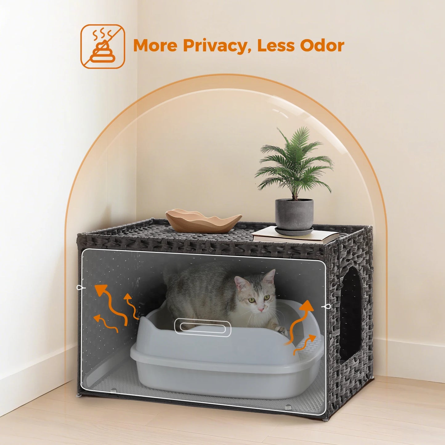 Rattan Cat Litter Box Enclosure – Hidden Cabinet Furniture with Flip-Top & Raised Entry
