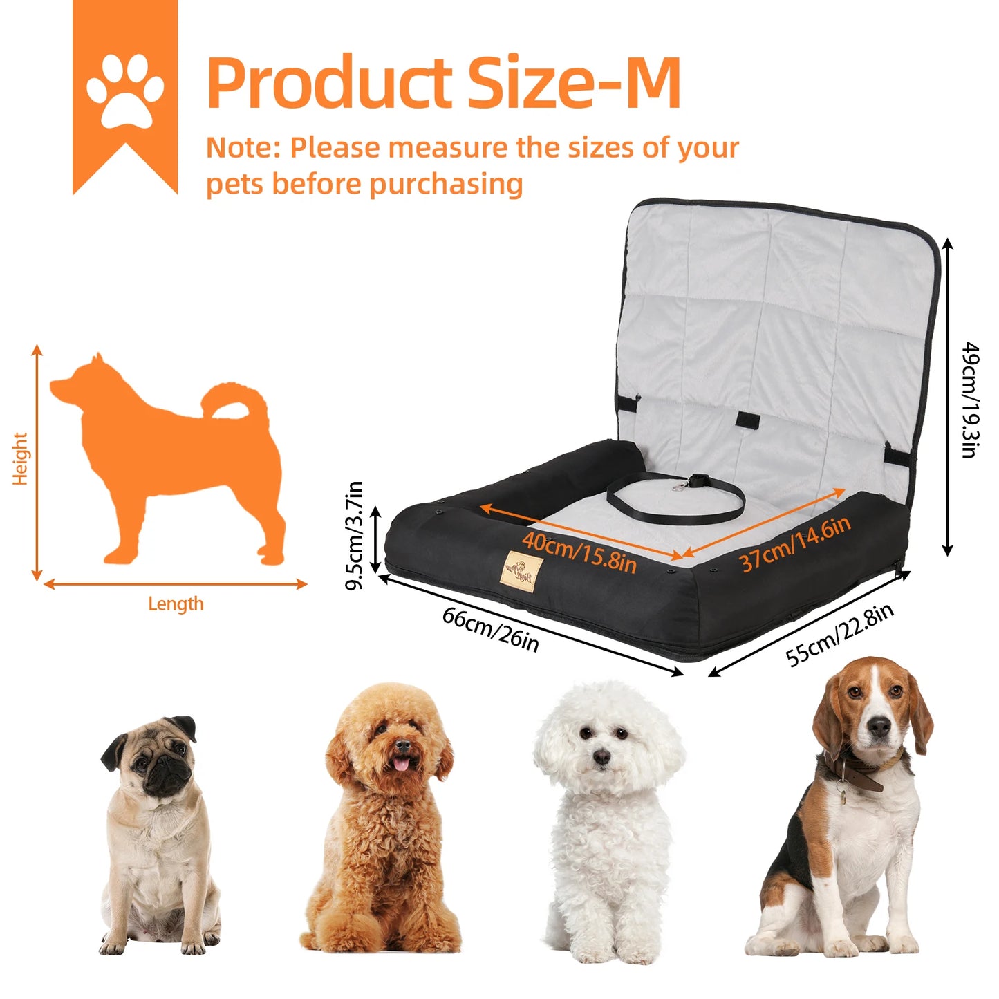 Waterproof Dog Car Seat Bed with Safety Belt & Washable Cushion