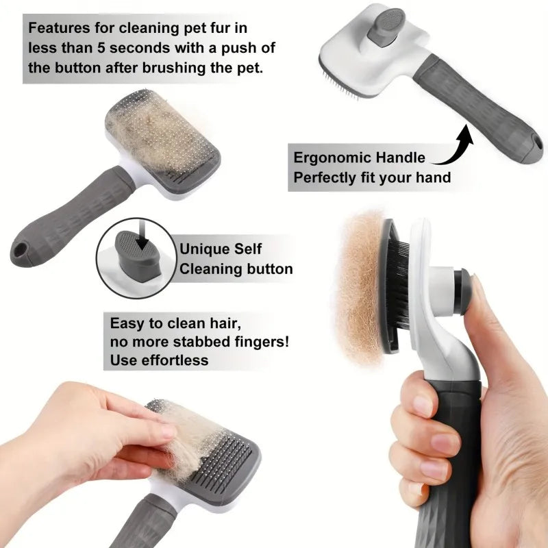 Self-Cleaning Pet Brush with Ergonomic Handle & Round Tips