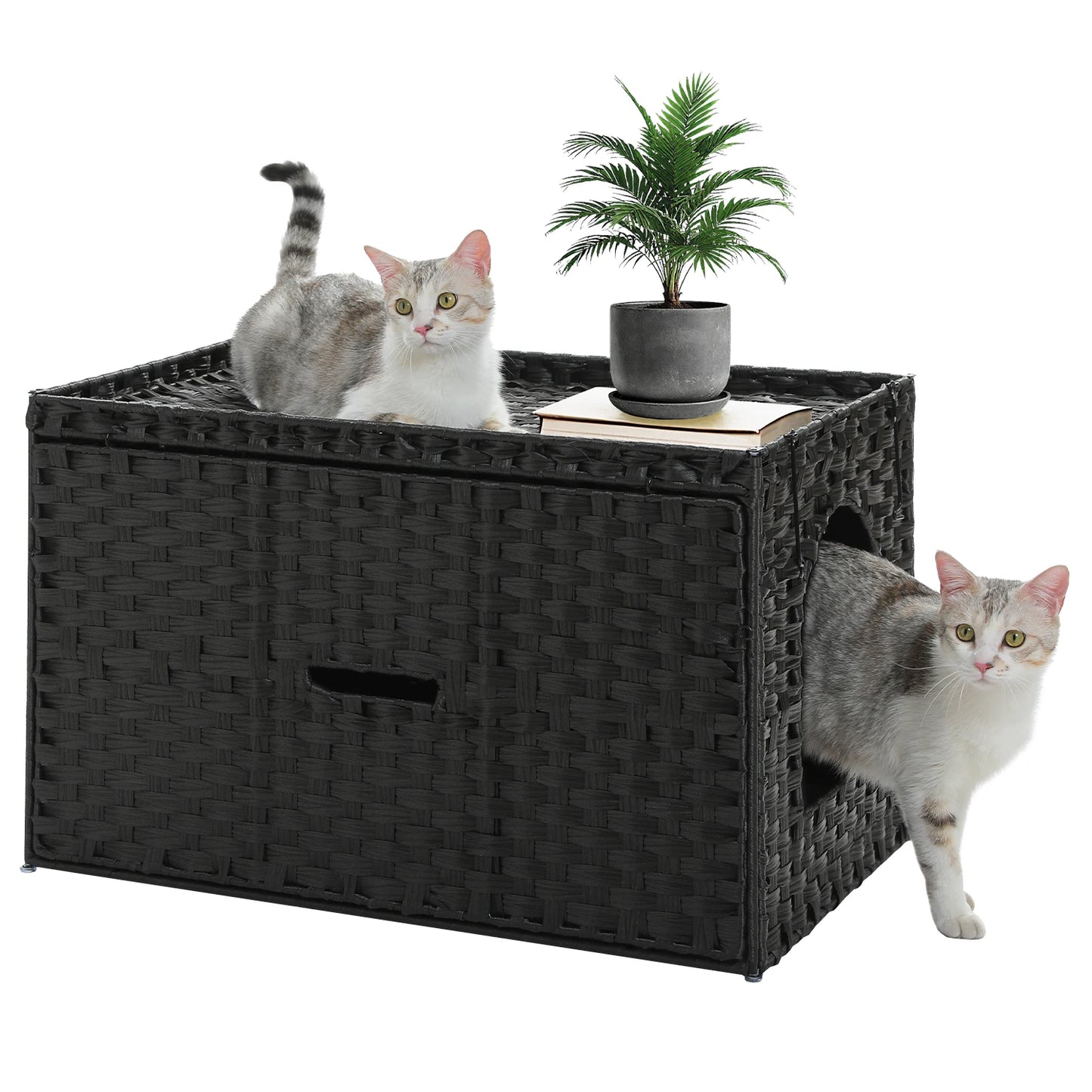 Rattan Cat Litter Box Enclosure – Hidden Cabinet Furniture with Flip-Top & Raised Entry