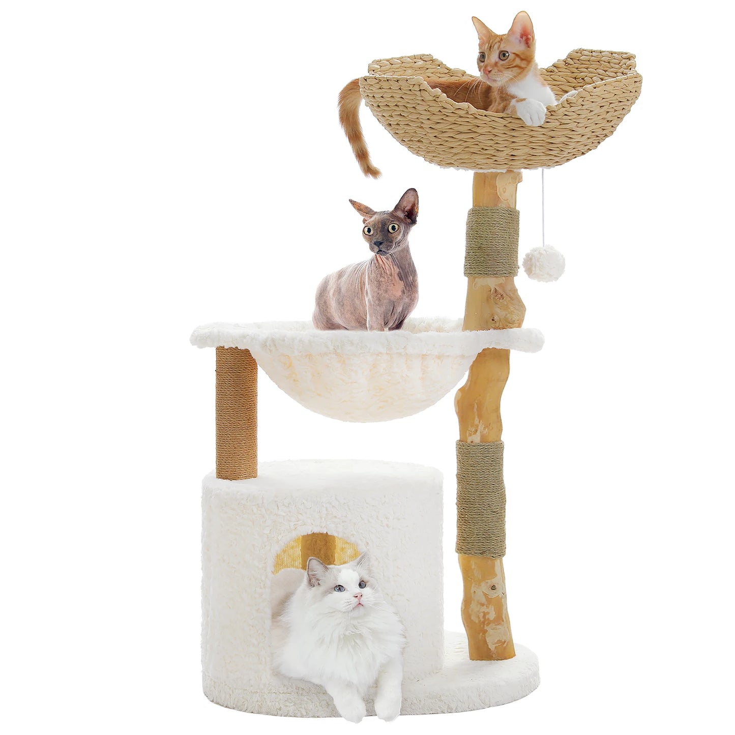Árbol de lujo para gatos de madera con cesta de mimbre y cómoda hamaca