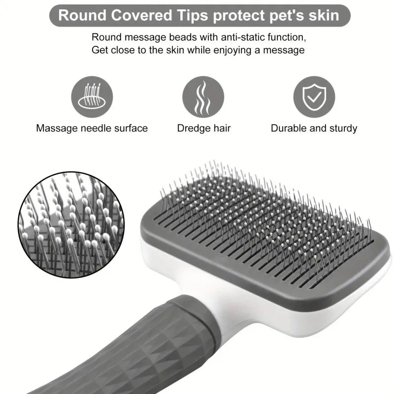 Self-Cleaning Pet Brush with Ergonomic Handle & Round Tips