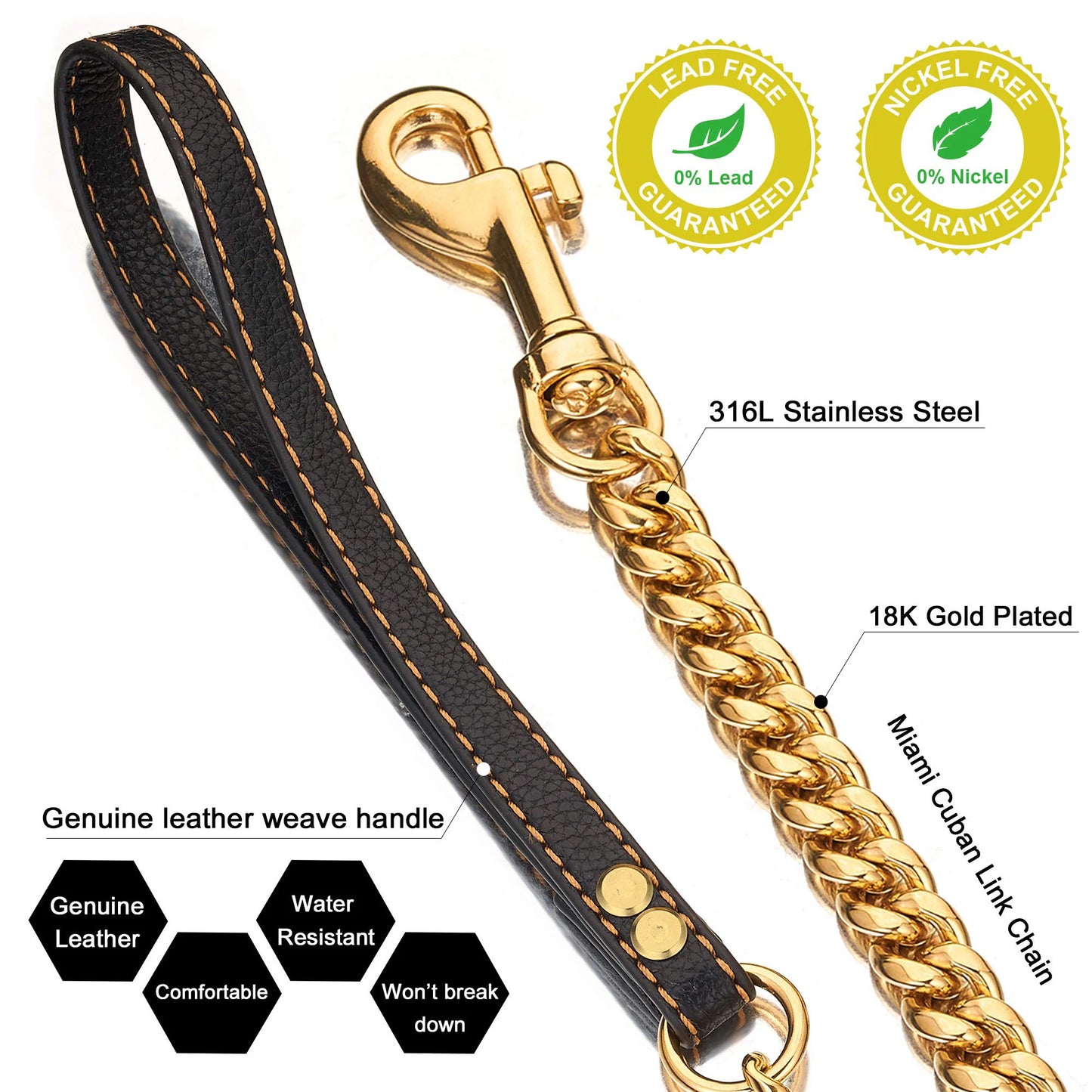 Gold Stainless Steel Cuban Link Dog Chain Collar – Heavy Duty Training & Walking Collar