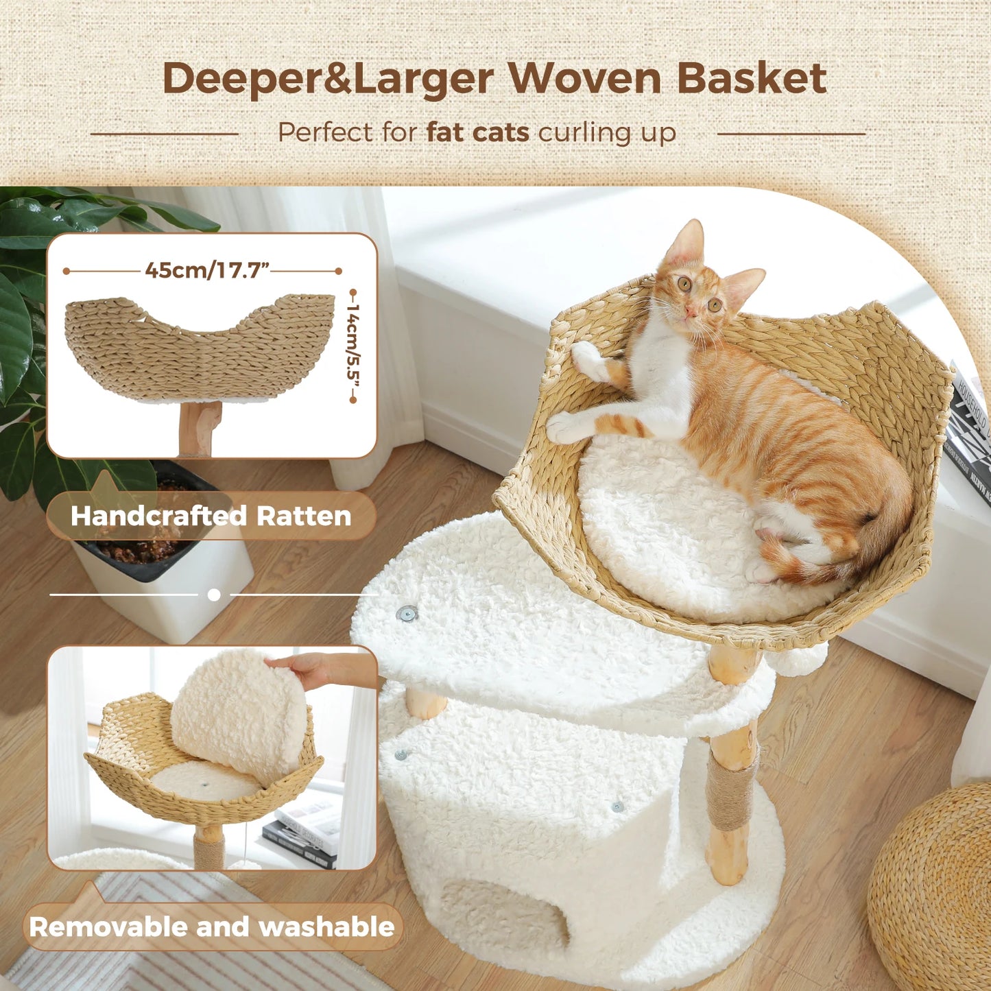 Modern Wooden Cat Tree Tower with Wicker Basket & Scratching Posts