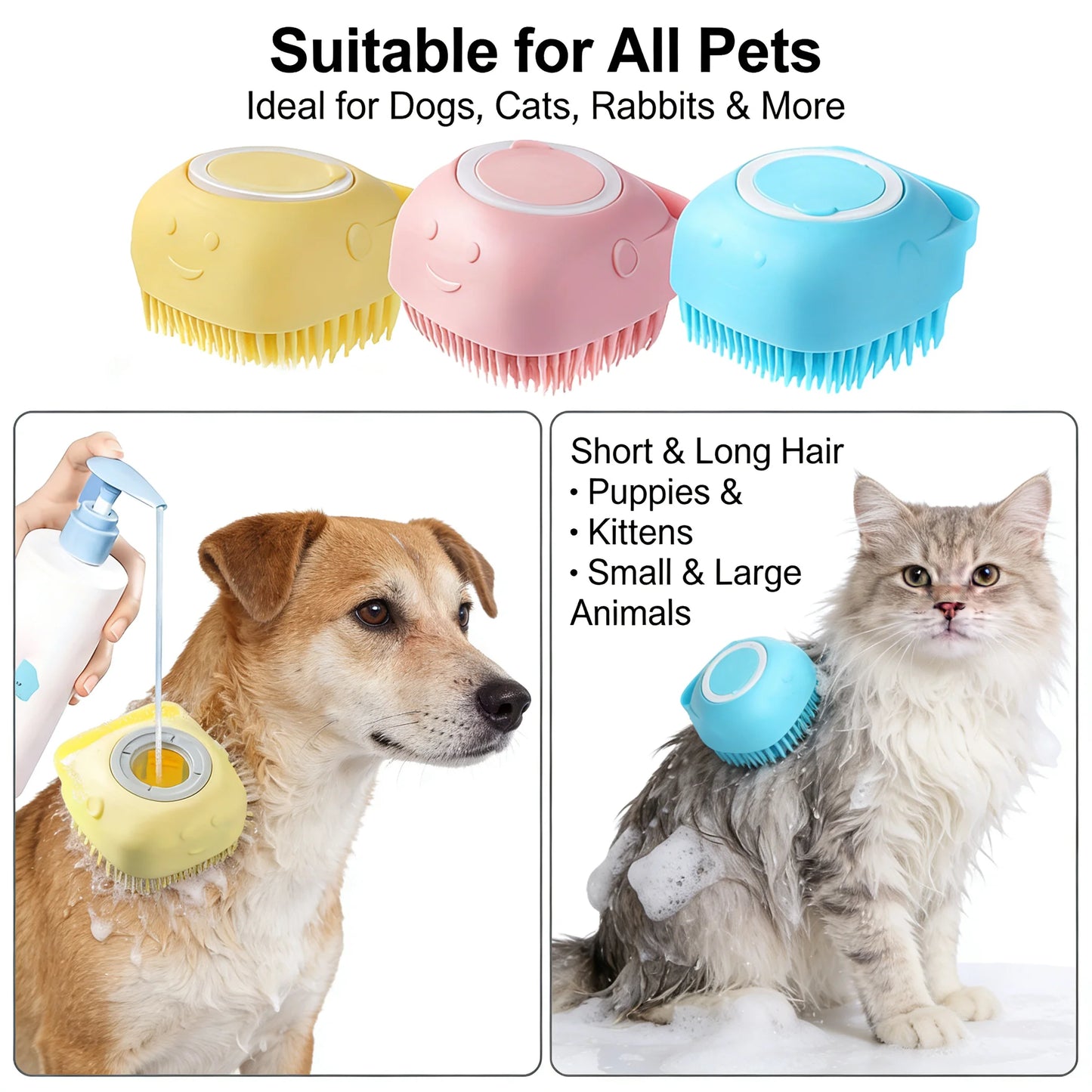 2-in-1 Pet Bath & Massage Brush – Silicone Shampoo Dispenser for Dogs & Cats
