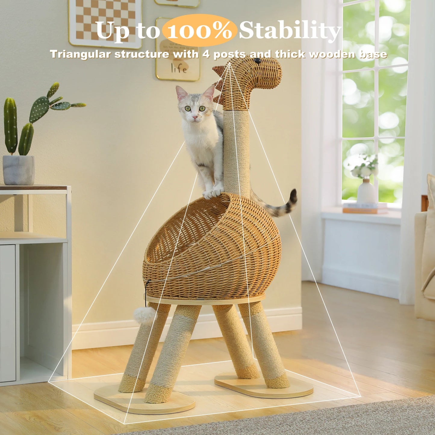 Dinosaur Cat Tree Tower with Rattan Condo & Sisal Scratching Posts