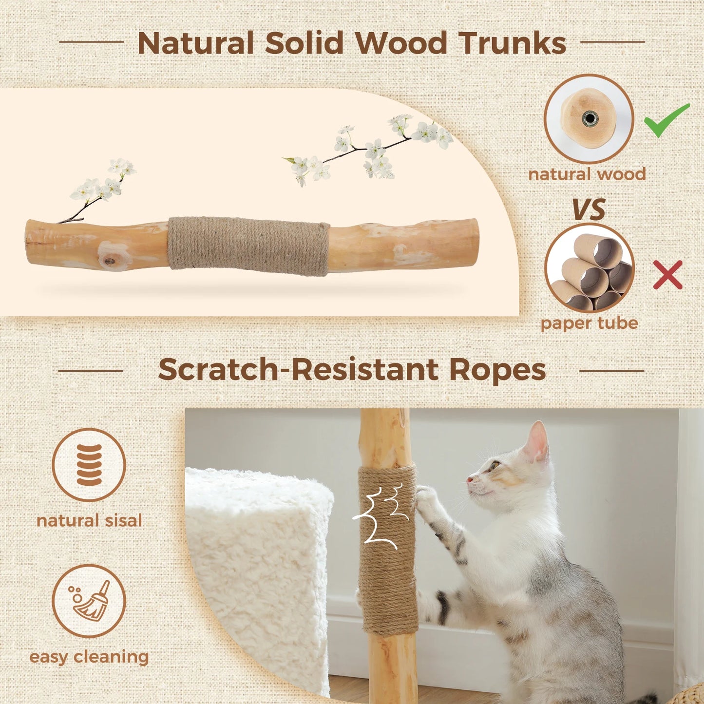 Modern Wooden Cat Tree Tower with Wicker Basket & Scratching Posts