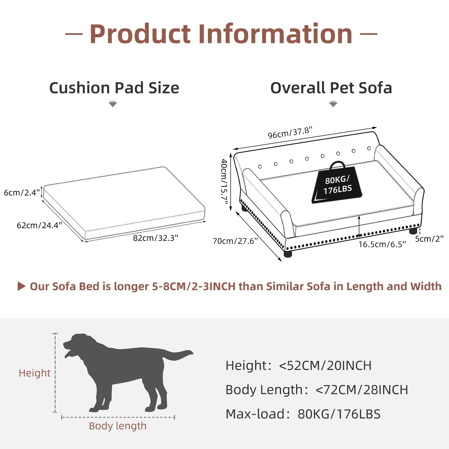 Elevated Dog Sofa Bed with Removable Cushion & Leather Cover