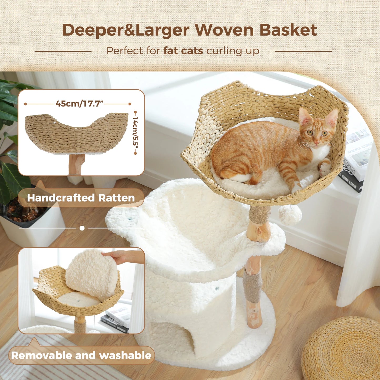 Árbol de lujo para gatos de madera con cesta de mimbre y cómoda hamaca