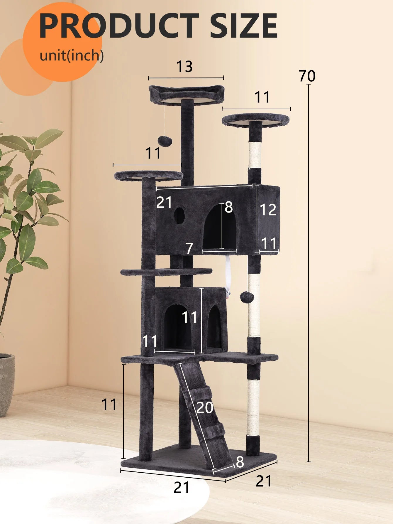 54/70” Cat Tree Tower Condo with Sisal Scratching Posts & Hanging Toy Ball