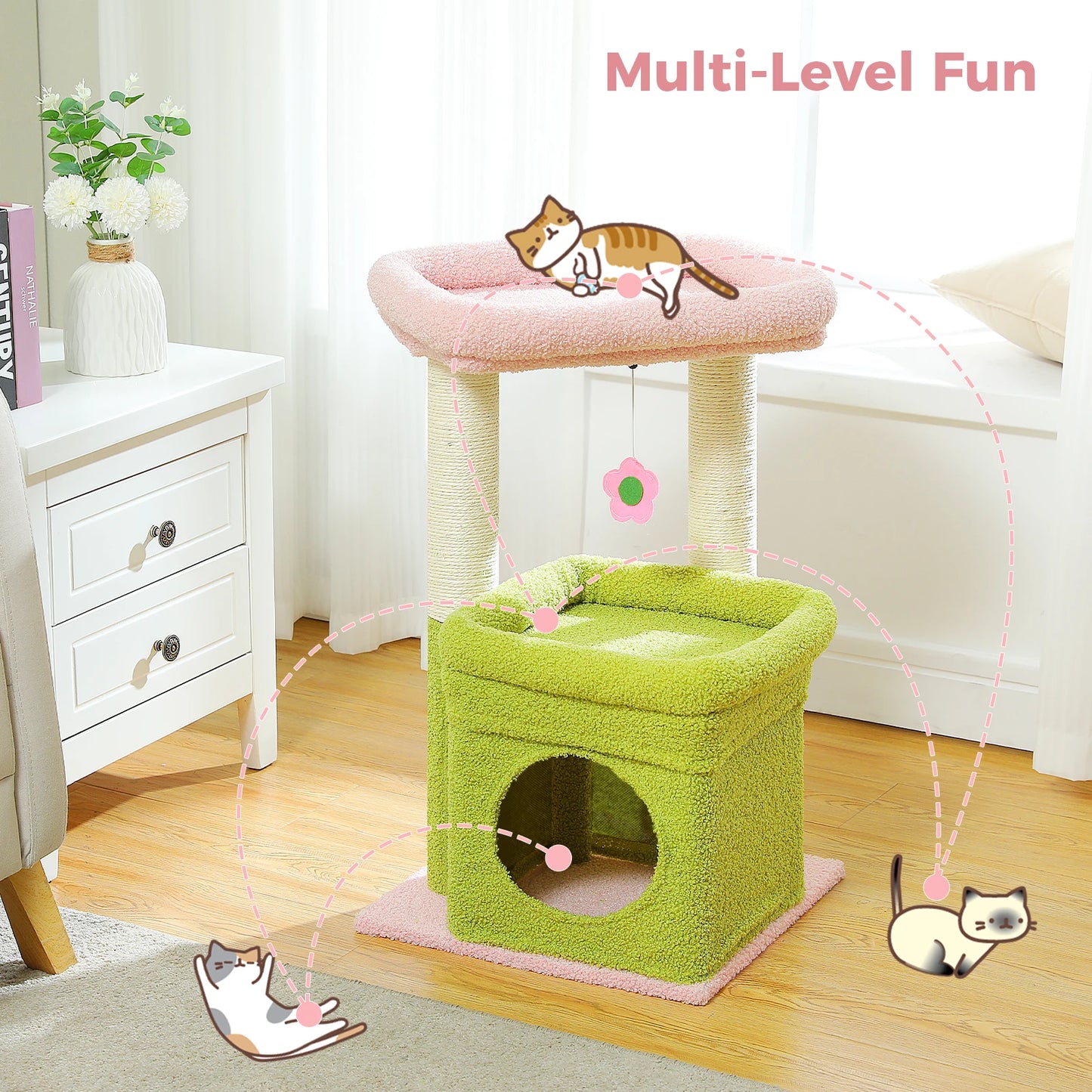 Cat Tree Tower – Cozy Condo, Wide Perch & Sisal Posts with Plush & Pom-Pom Toy
