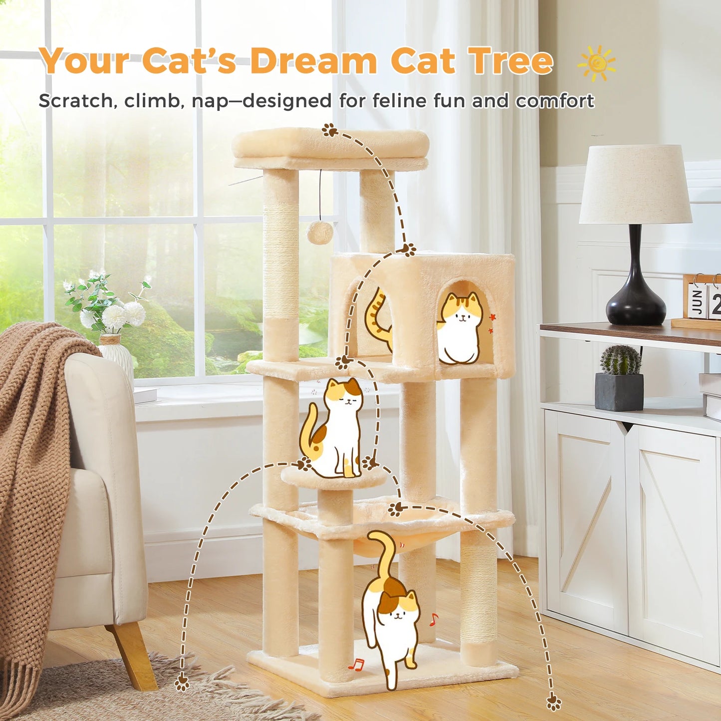 5-Level Cat Tree Tower – Plush Condo, Hammock & Sisal Scratching Posts