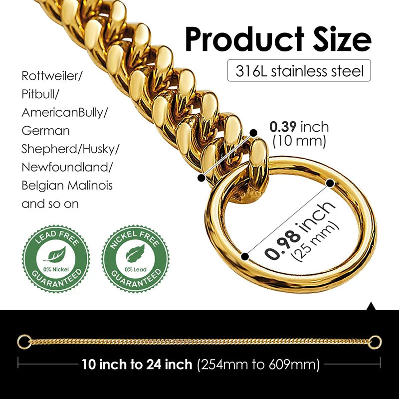 Gold Stainless Steel Cuban Link Dog Chain Collar – Heavy Duty Training & Walking Collar