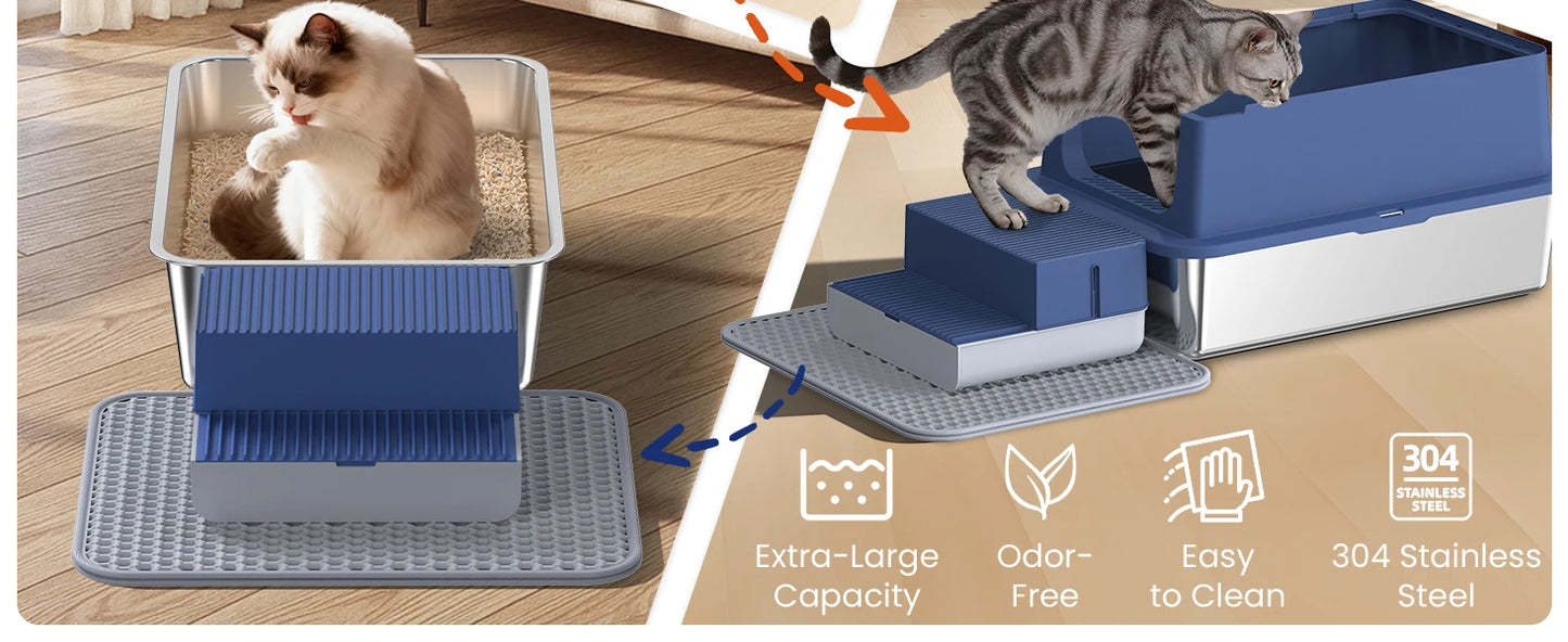 Stainless Steel Cat Litter Box – Non-Stick, Odor Control with Lid & Scoop