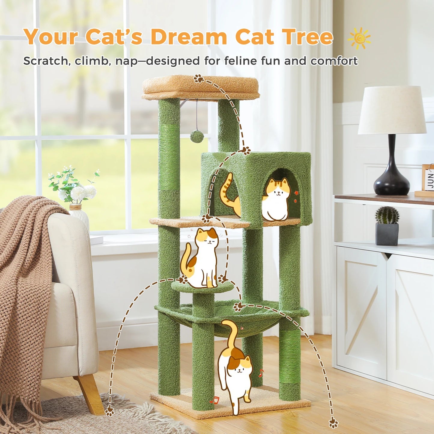 5-Level Cat Tree Tower – Plush Condo, Hammock & Sisal Scratching Posts