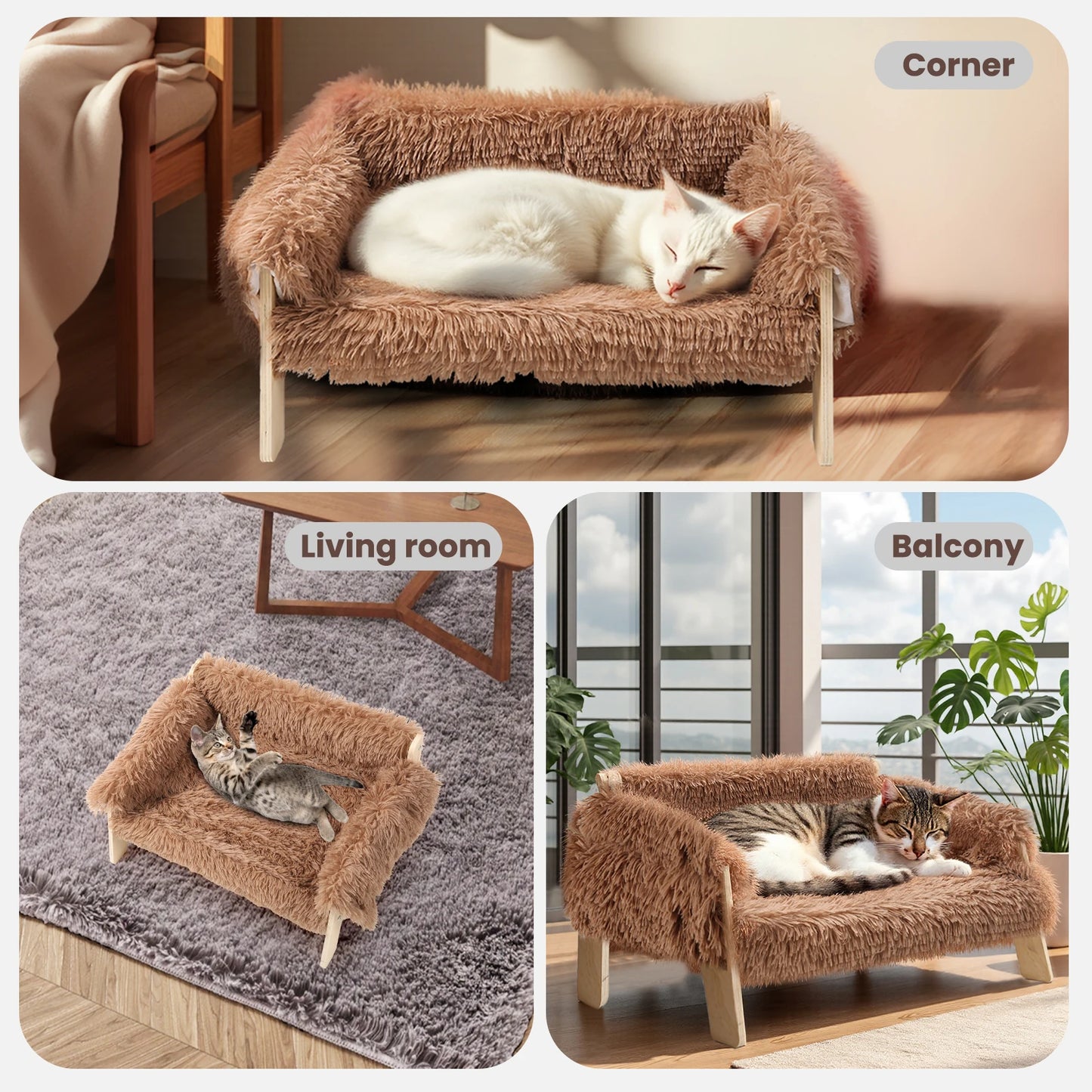 Luxury Raised Cat Sofa Bed with Plush Cushion & Wooden Legs