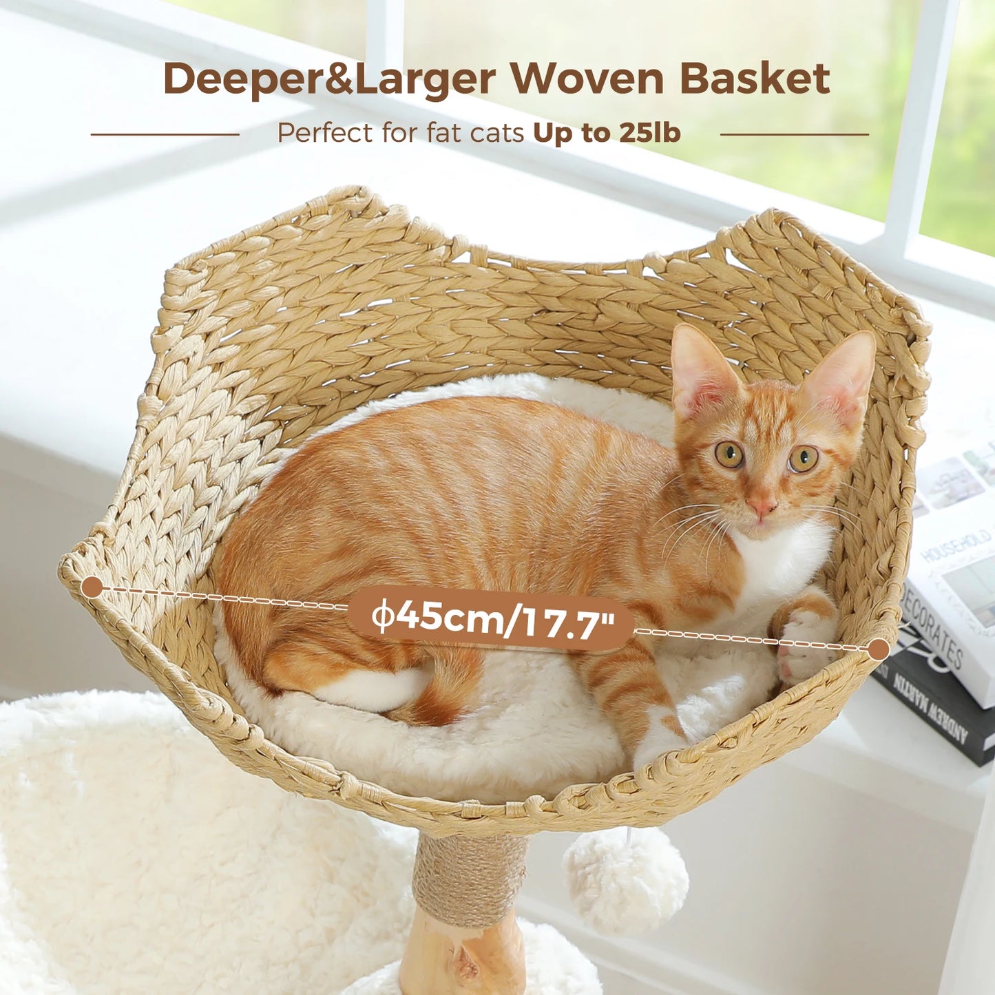 Modern Wooden Cat Tree Tower with Wicker Basket & Scratching Posts