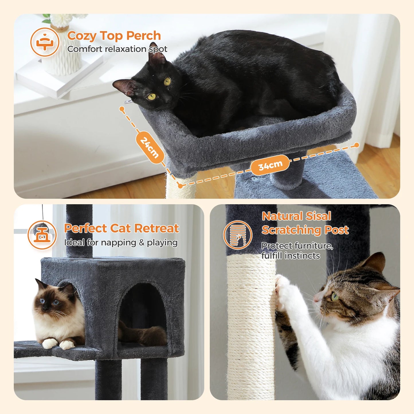 5-Level Cat Tree Tower – Plush Condo, Hammock & Sisal Scratching Posts