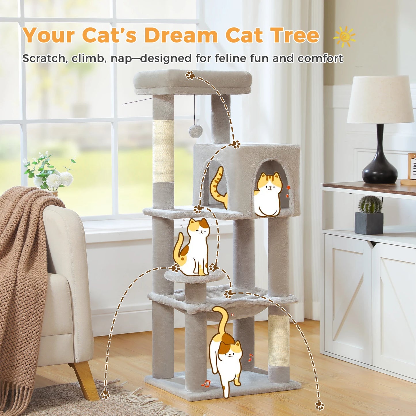 5-Level Cat Tree Tower – Plush Condo, Hammock & Sisal Scratching Posts