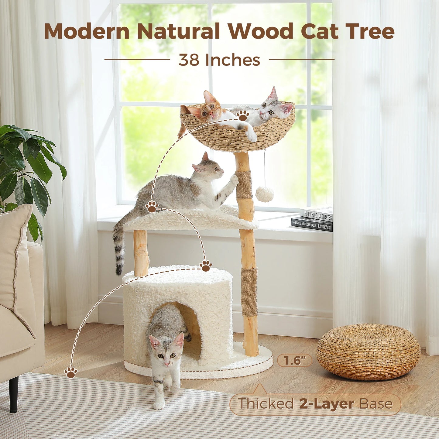 Modern Wooden Cat Tree Tower with Wicker Basket & Scratching Posts