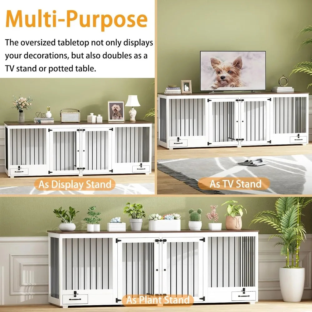 Furniture-Style Wooden Dog Crate – Large Double Kennel with Bowls & Divider