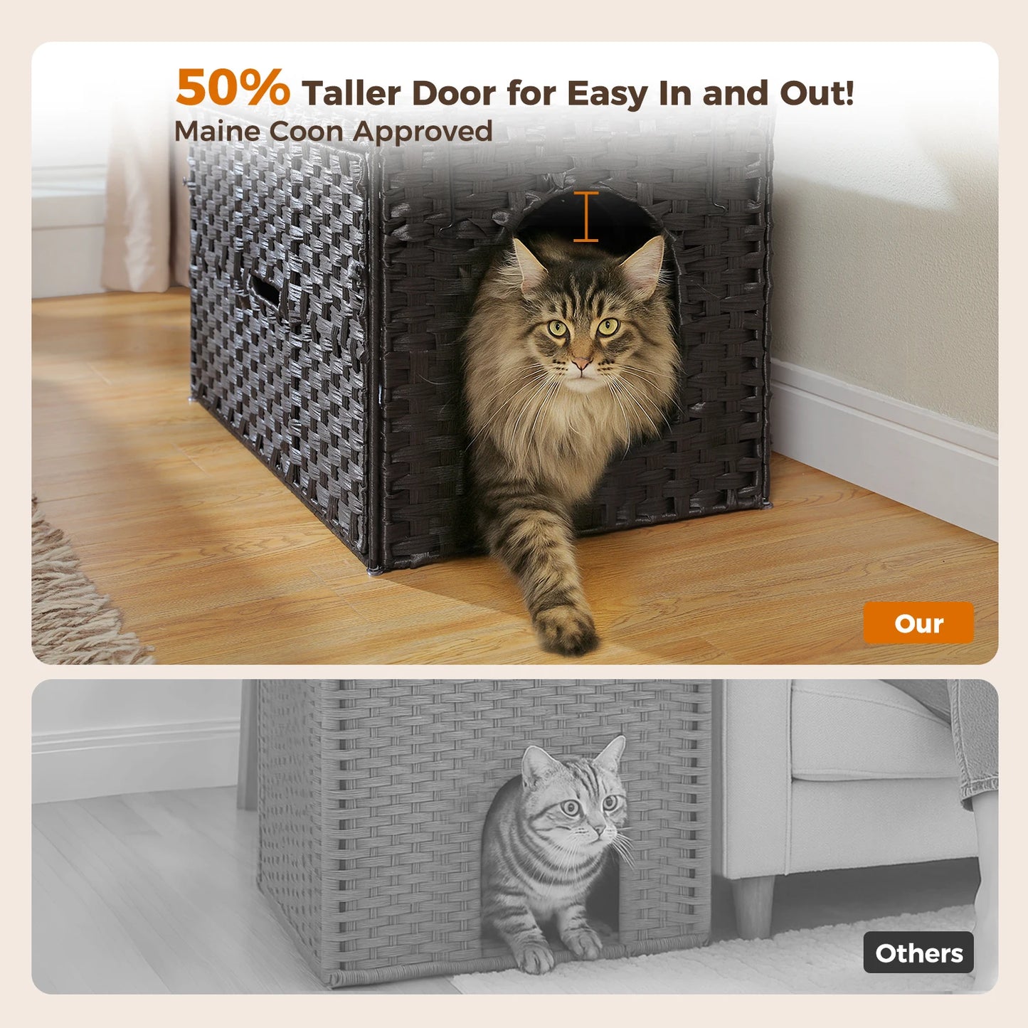 Rattan Cat Litter Box Enclosure – Hidden Cabinet Furniture with Flip-Top & Raised Entry