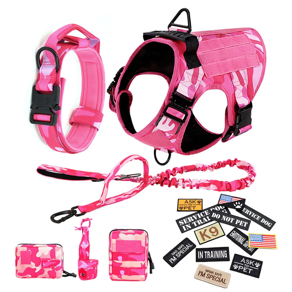 Pink Camouflage Tactical Dog Harness – Adjustable Military Training Vest with Leash