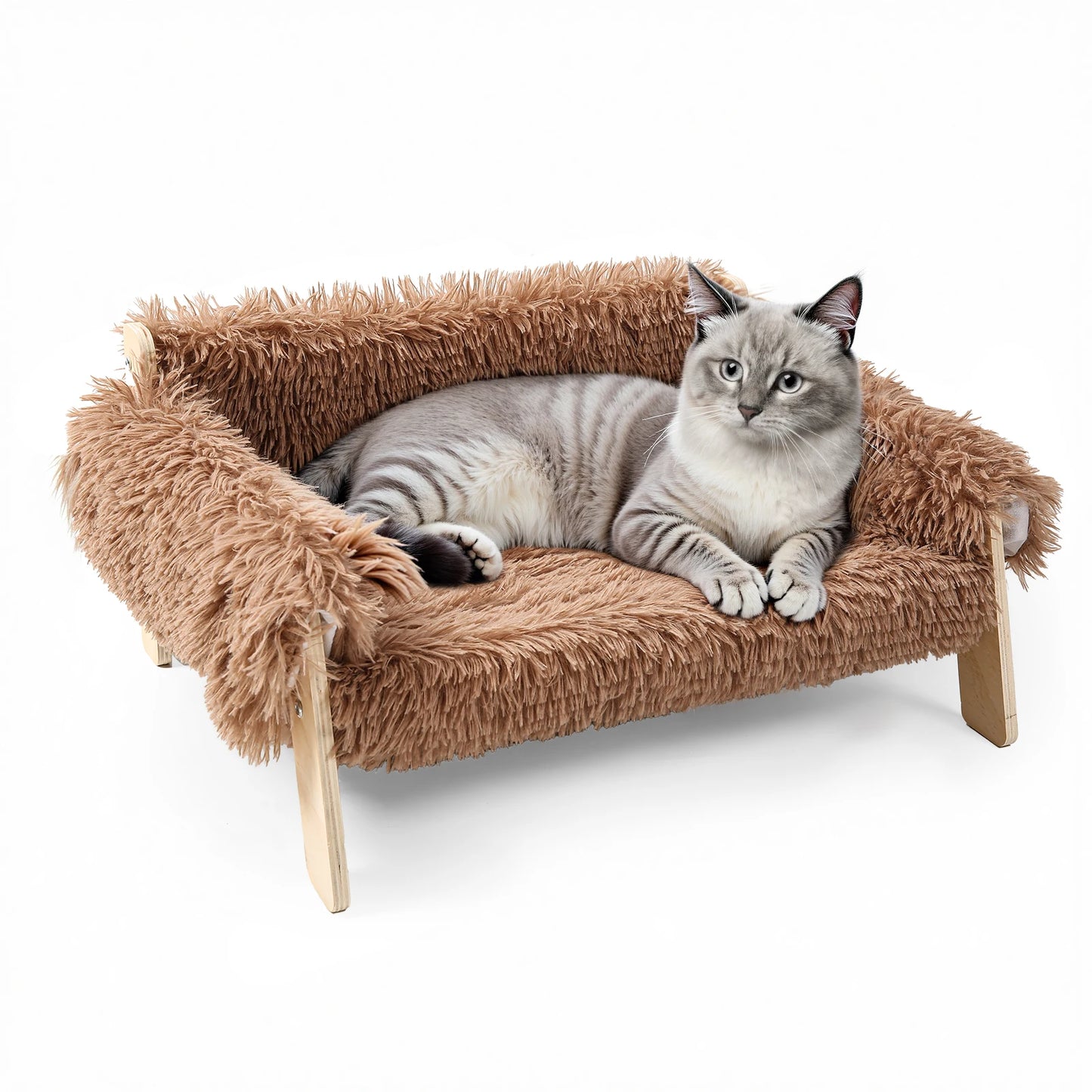 Luxury Raised Cat Sofa Bed with Plush Cushion & Wooden Legs