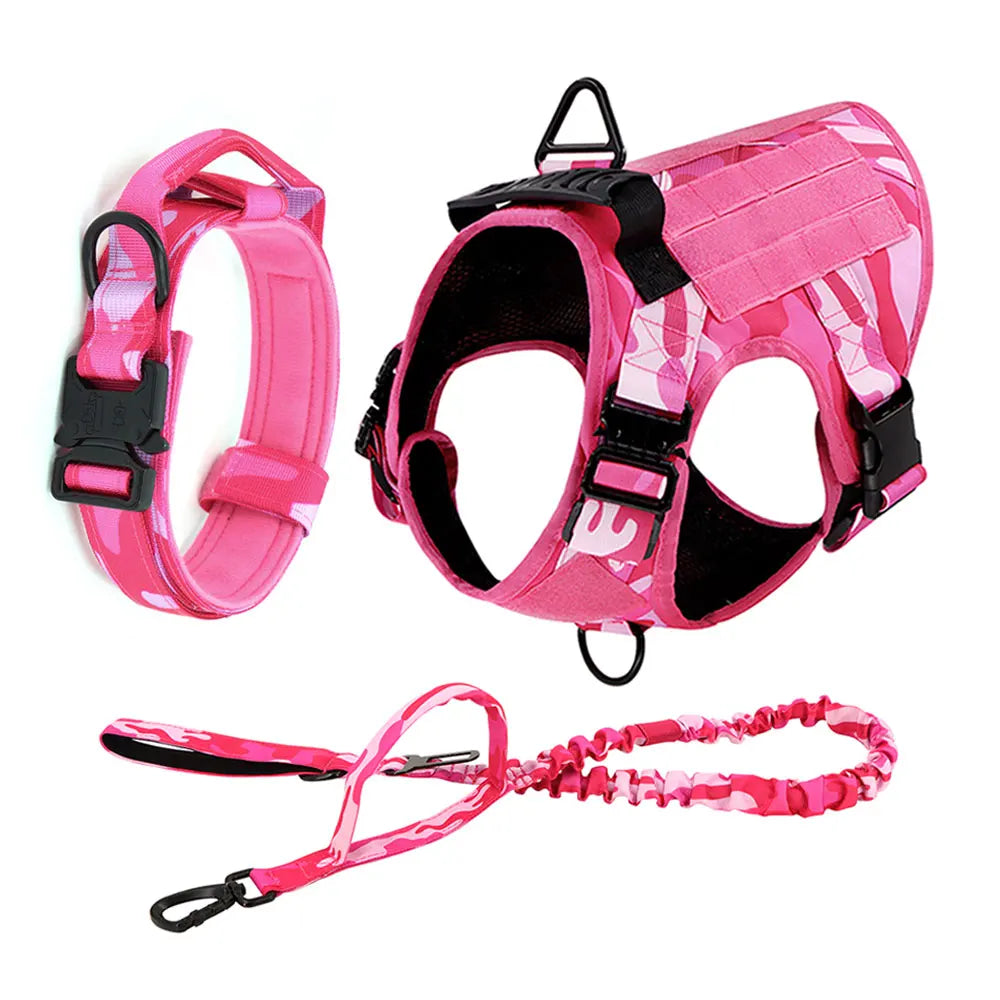 Pink Camouflage Tactical Dog Harness – Adjustable Military Training Vest with Leash