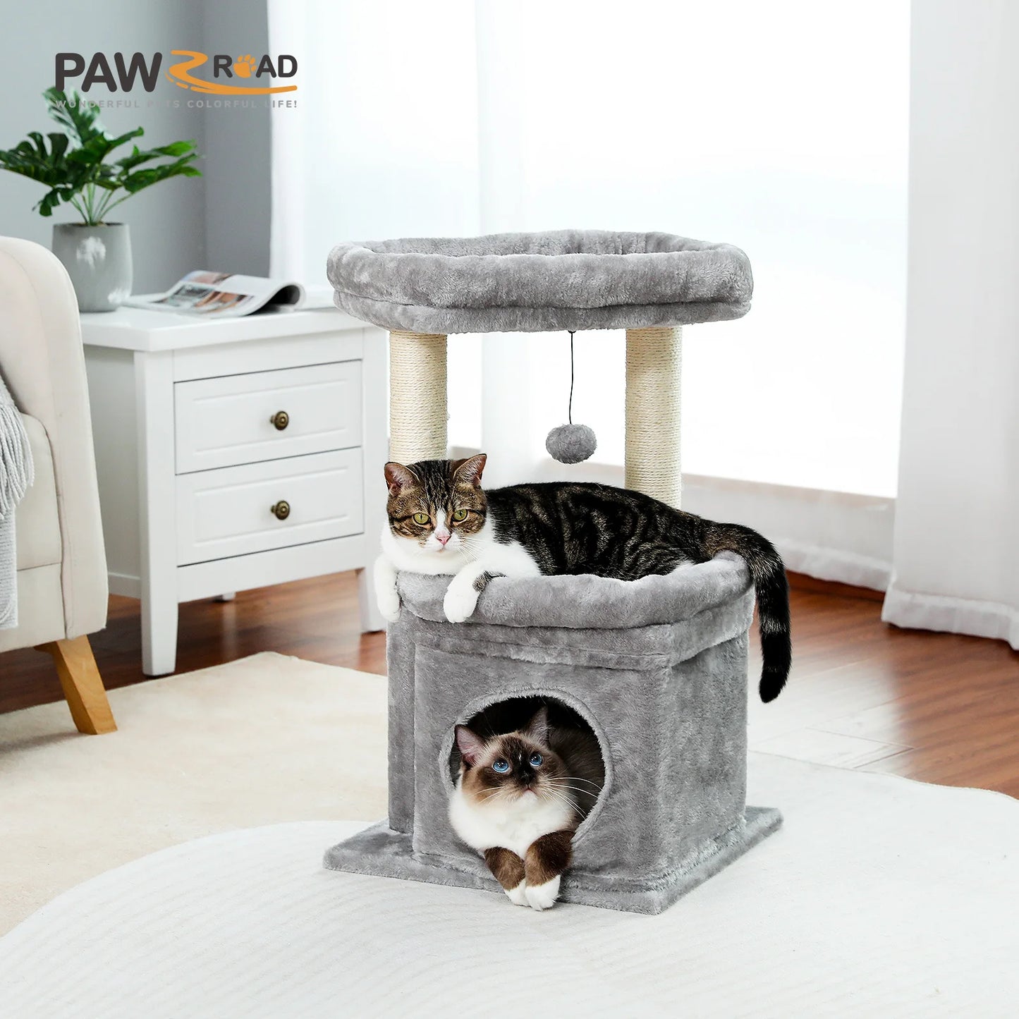 Cat Tree Tower – Cozy Condo, Wide Perch & Sisal Posts with Plush & Pom-Pom Toy