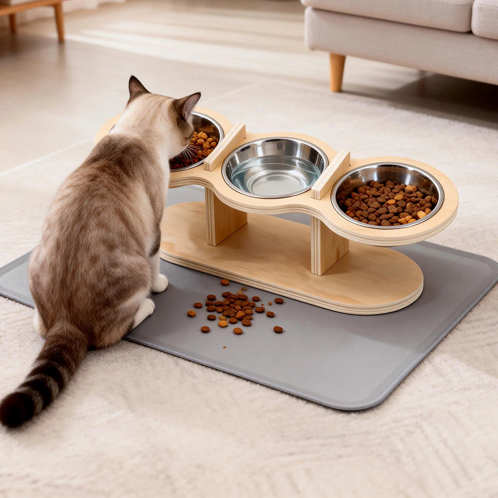 15° Tilted Cat Bowls – Adjustable Raised Feeder with 3 Stainless Steel Bowls for Cats & Small Dogs