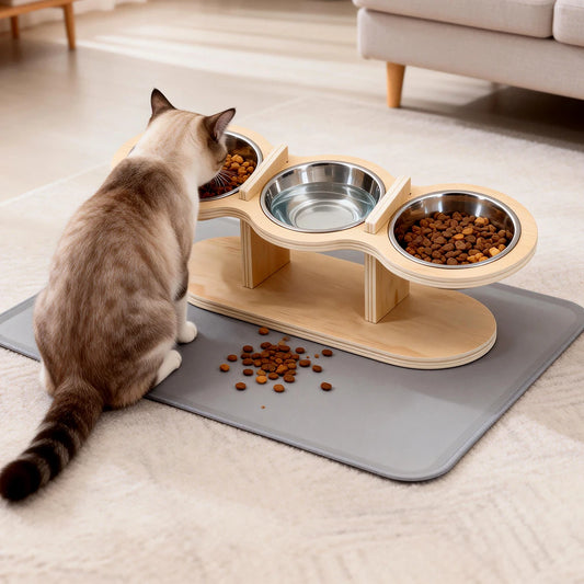 15° Tilted Cat Bowls – Adjustable Raised Feeder with 3 Stainless Steel Bowls for Cats & Small Dogs