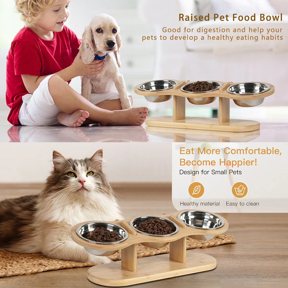 15° Tilted Cat Bowls – Adjustable Raised Feeder with 3 Stainless Steel Bowls for Cats & Small Dogs