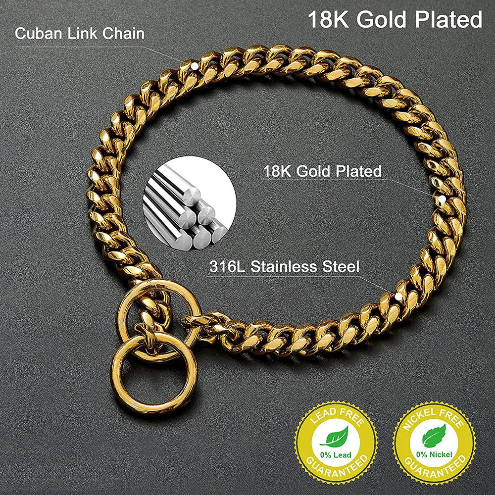 Gold Stainless Steel Cuban Link Dog Chain Collar – Heavy Duty Training & Walking Collar
