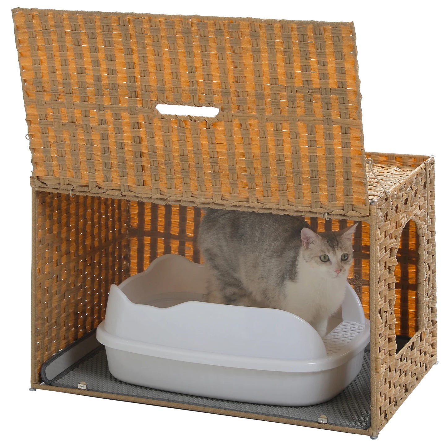 Rattan Cat Litter Box Enclosure – Hidden Cabinet Furniture with Flip-Top & Raised Entry
