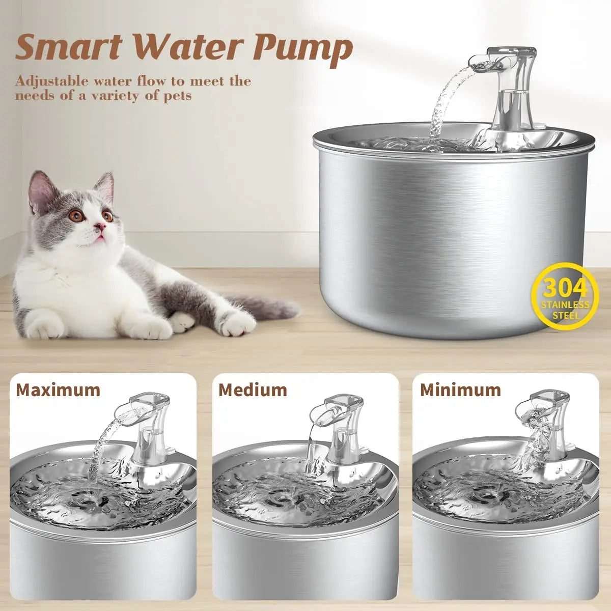 2L Stainless Steel Automatic Cat Water Fountain with Floaters