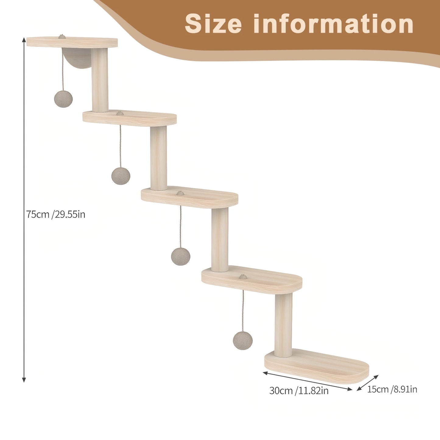 5-Step Wall Mounted Wooden Cat Climbing Shelf & Ladder