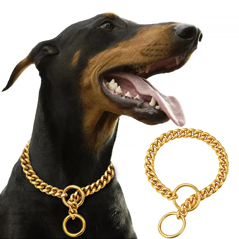 Gold Stainless Steel Cuban Link Dog Chain Collar – Heavy Duty Training & Walking Collar