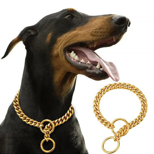 Gold Stainless Steel Cuban Link Dog Chain Collar – Heavy Duty Training & Walking Collar