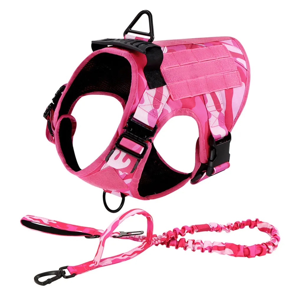 “Pink Camo Tactical Dog Harness – Adjustable Vest for Medium & Large Dogs”