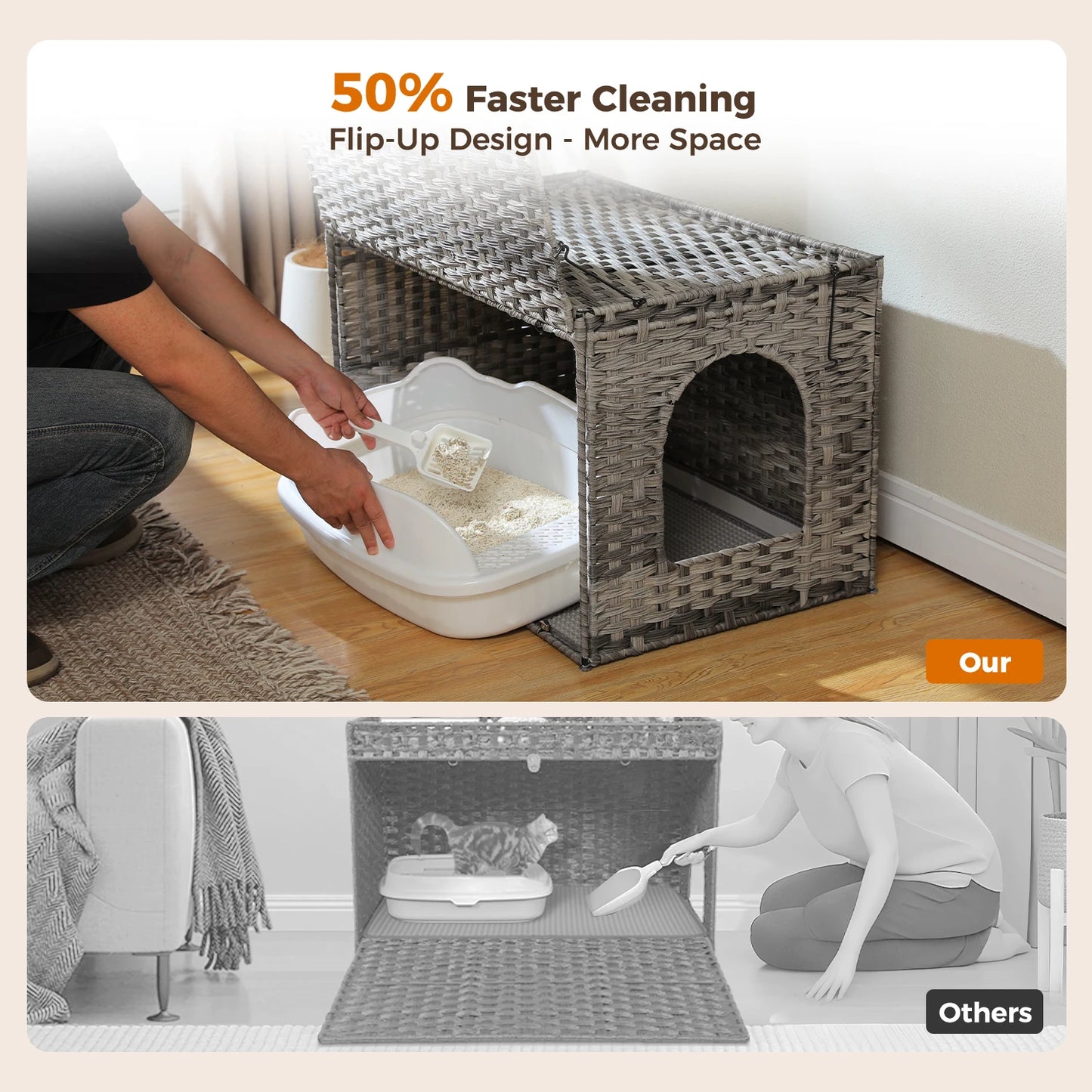 Rattan Cat Litter Box Enclosure – Hidden Cabinet Furniture with Flip-Top & Raised Entry