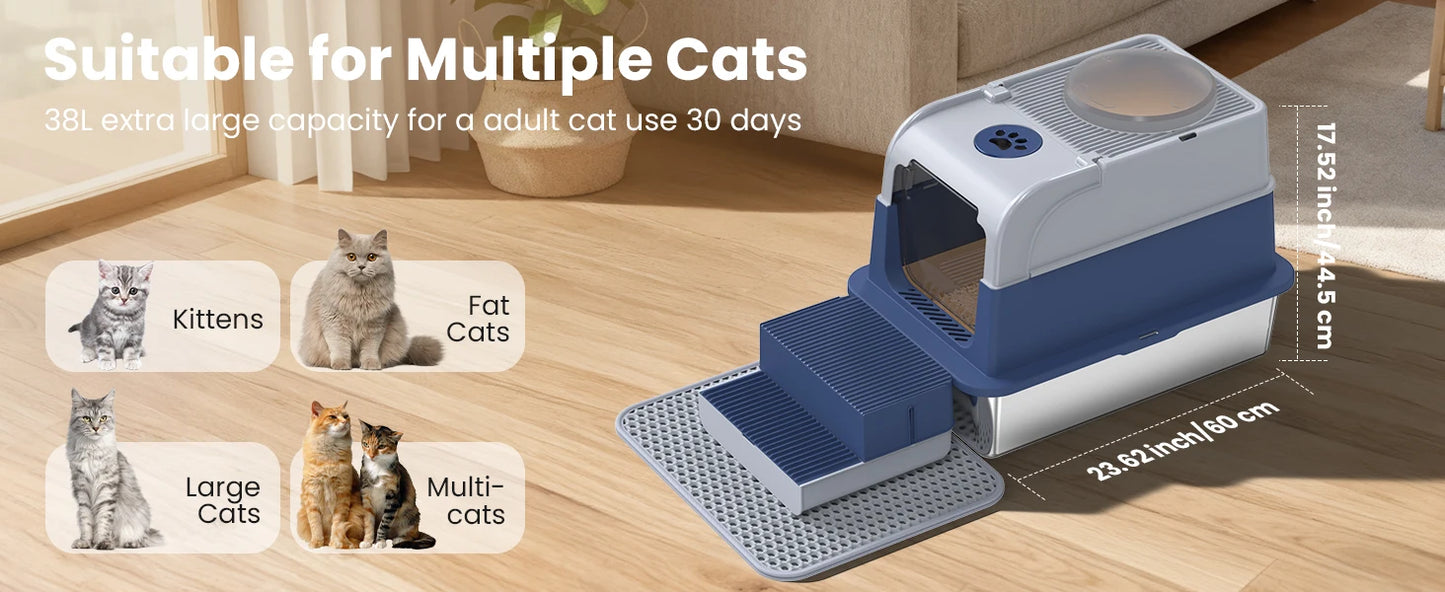Stainless Steel Cat Litter Box – Non-Stick, Odor Control with Lid & Scoop