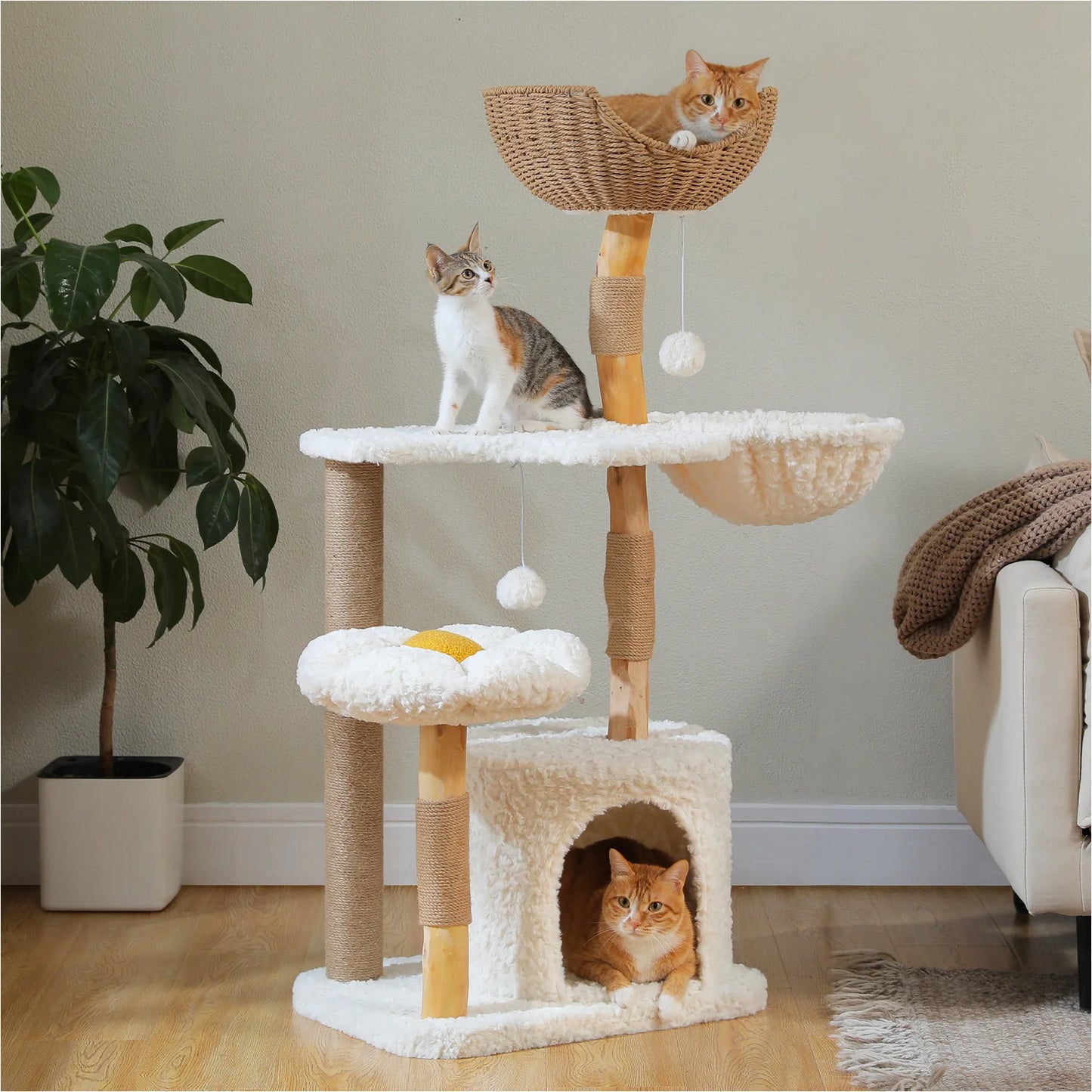 Modern Solid Wood Cat Tree – Spacious Tower with Condo, Perches & Interactive Toys